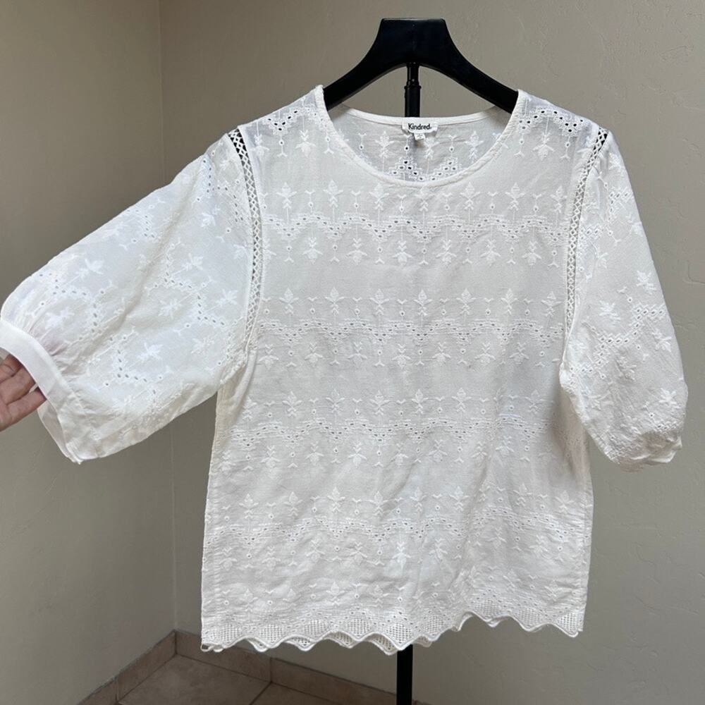 Prairie Eyelet Embroidered Cotton Blouse White Puff Sleeve Semi Sheer Top M